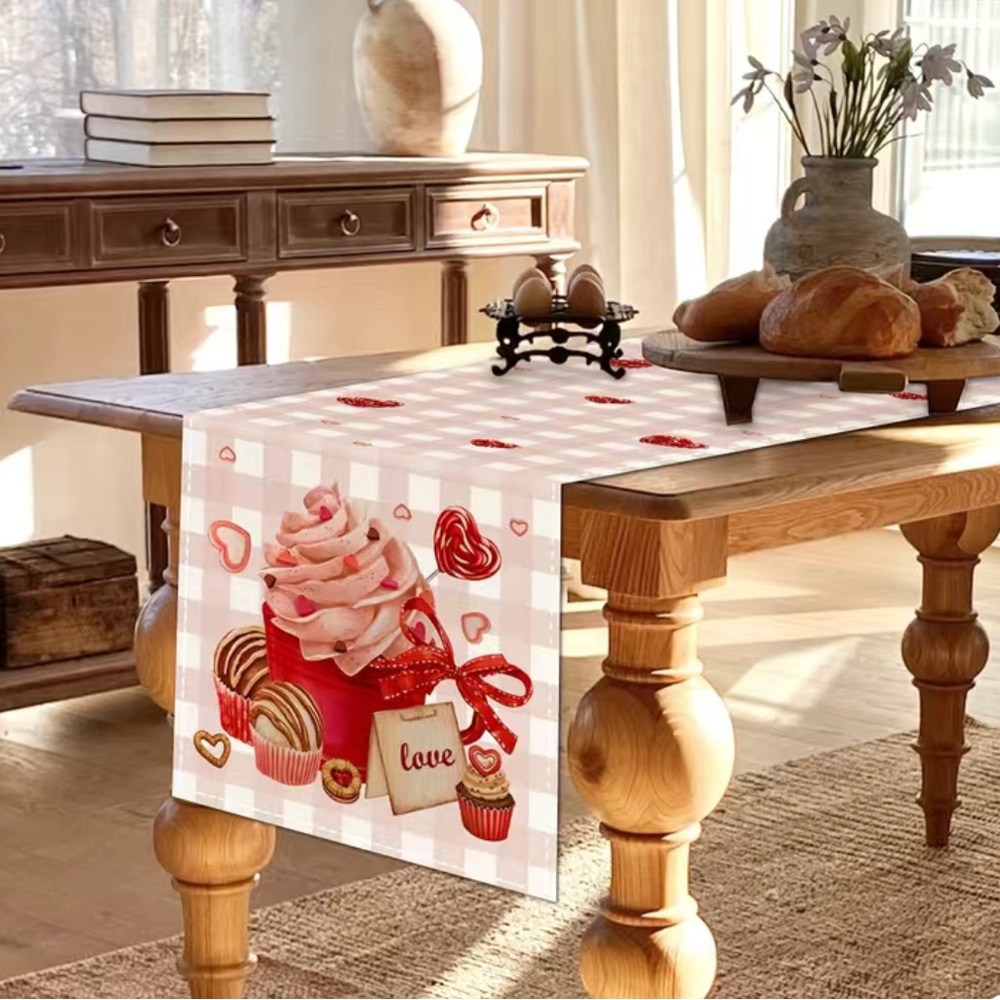 New Valentines Day Pink Plaid Cupcake Candy Hearts Table Runner 13x72 Mantel - Picture 3 of 6